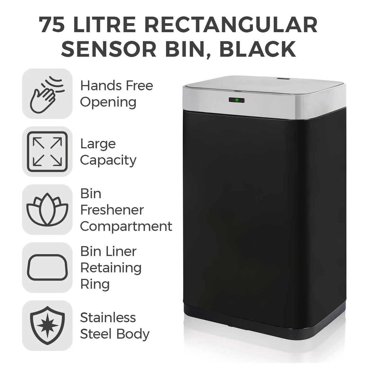 Tower T838001B 75L Sensor Bin Black | Kitchen Household Waste Bin with 5 Year Guarantee