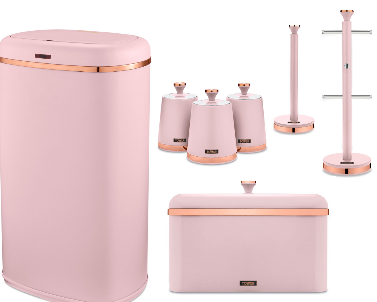 Tower Cavaletto Kitchen Sensor Bin & Storage Accessories Set of 7 Pink/Rose Gold