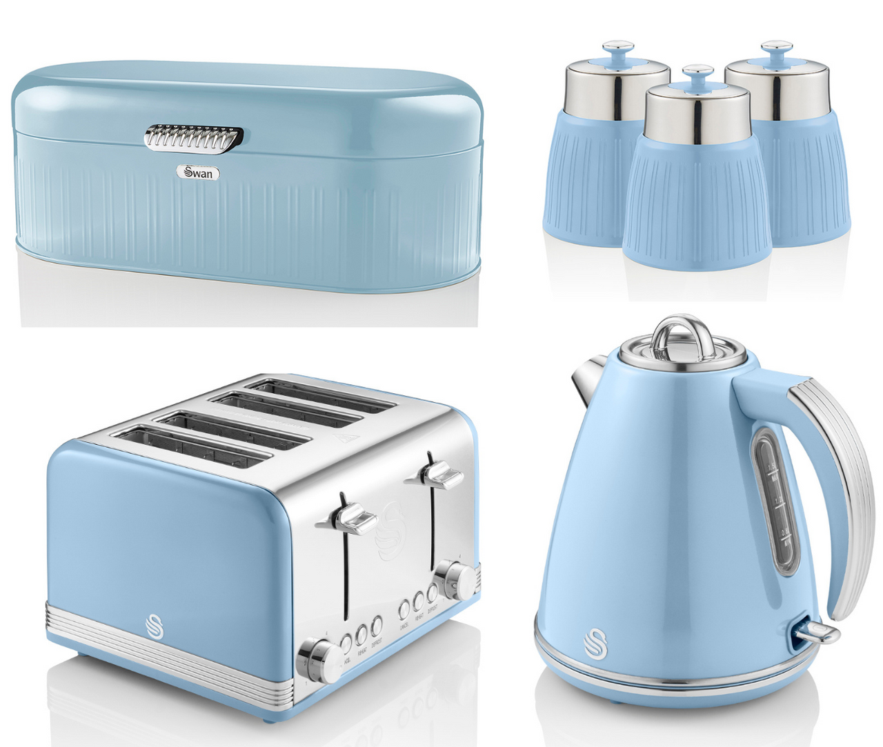 Swan Retro Blue Set of 6 - 1.5L 3KW Jug Kettle, 4 Slice Toaster, Bread Bin & Set of 3 Tea, Coffee & Sugar Canisters