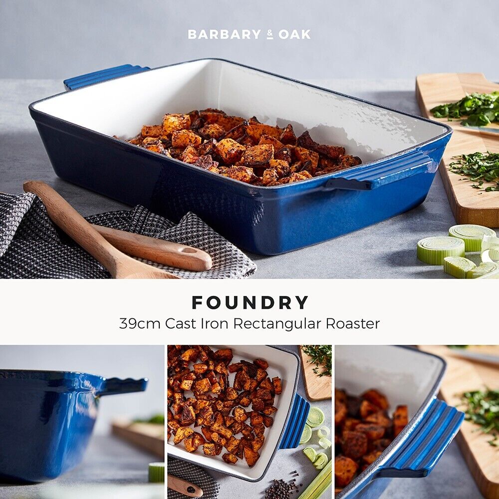 Barbary & Oak 39cm Cast Iron Rectangular Roaster in Limoges Blue with 25 Year Guarantee