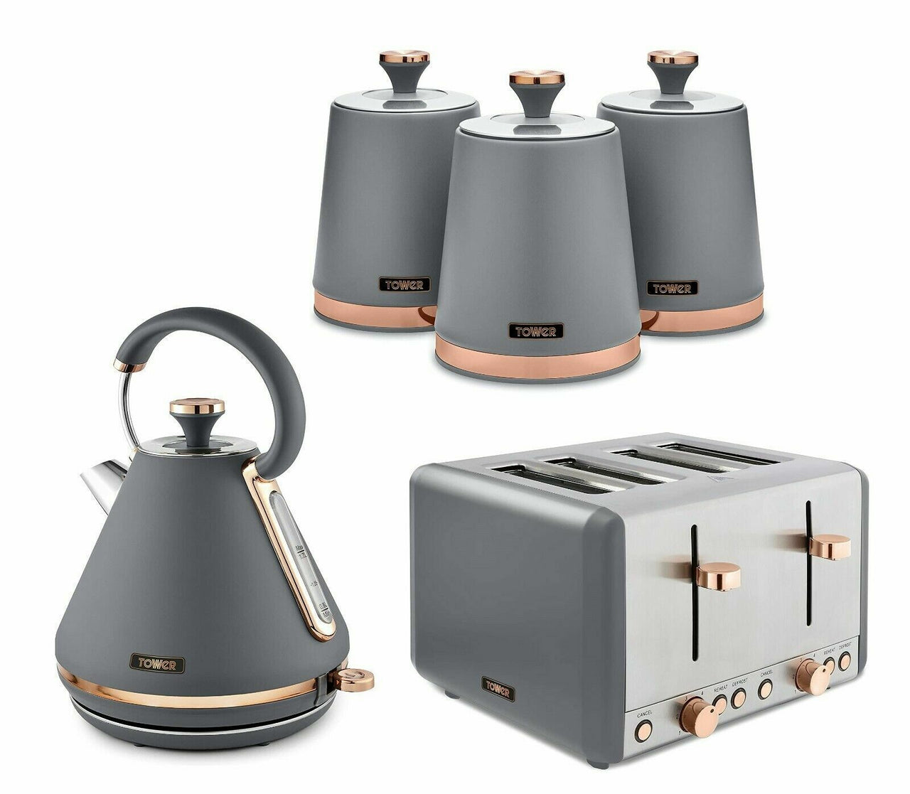 Tower Cavaletto Pyramid Kettle, 4 Slice Toaster & Canisters Set Grey & Rose Gold
