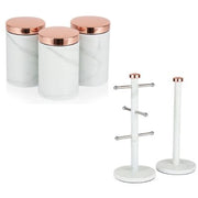 Tower Rose Gold & Marble Effect 3 Storage Canisters, Mug Tree &  Towel Pole Set
