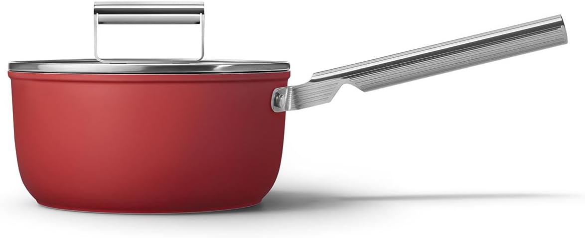 Smeg Cookware 20cm Saucepan with Lid, Non-Stick, Aluminium in Red CKFS2011RDM