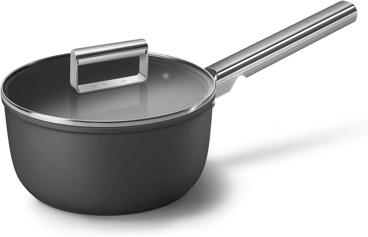 Smeg Cookware 20cm Saucepan with Lid, Non-Stick, Aluminium in Black CKFS2011BLM