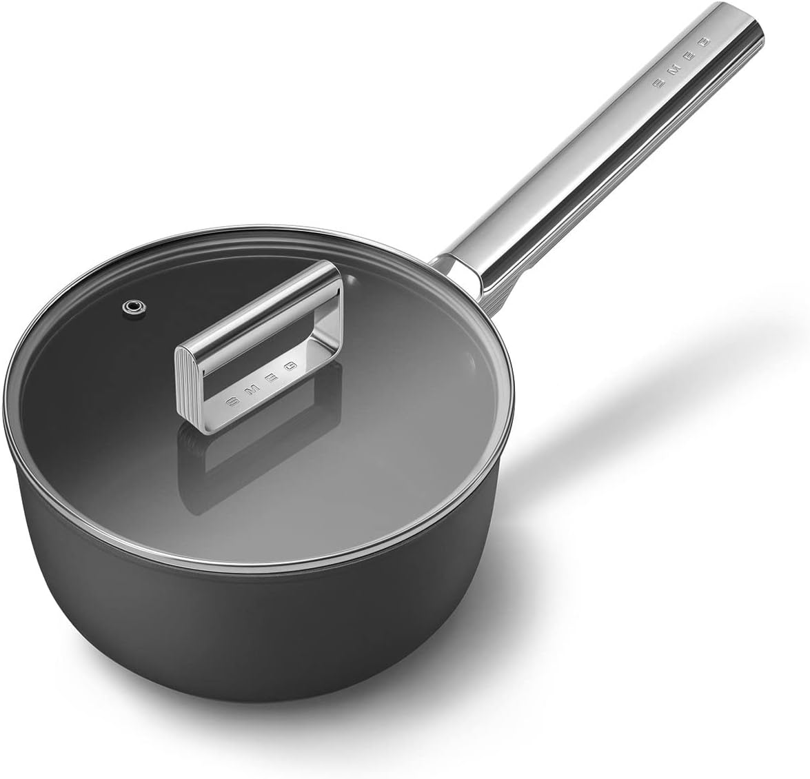 Smeg Cookware 20cm Saucepan with Lid, Non-Stick, Aluminium in Black CKFS2011BLM
