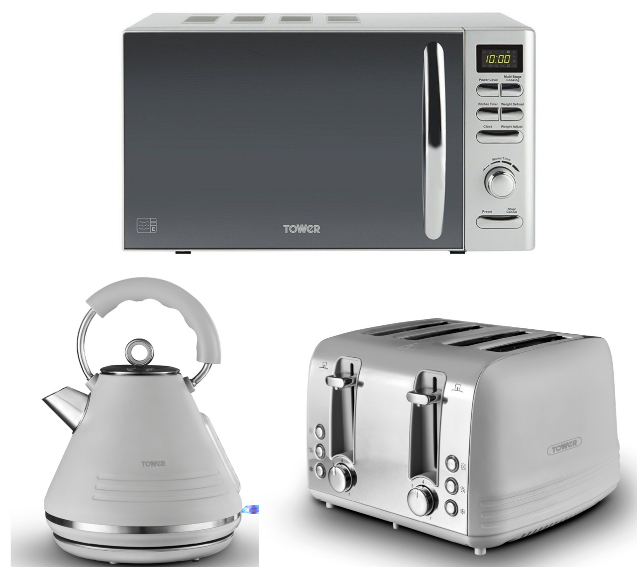 Tower Ash Grey Pyramid Kettle, 4 Slice Toaster & Tower T24019S Silver Microwave
