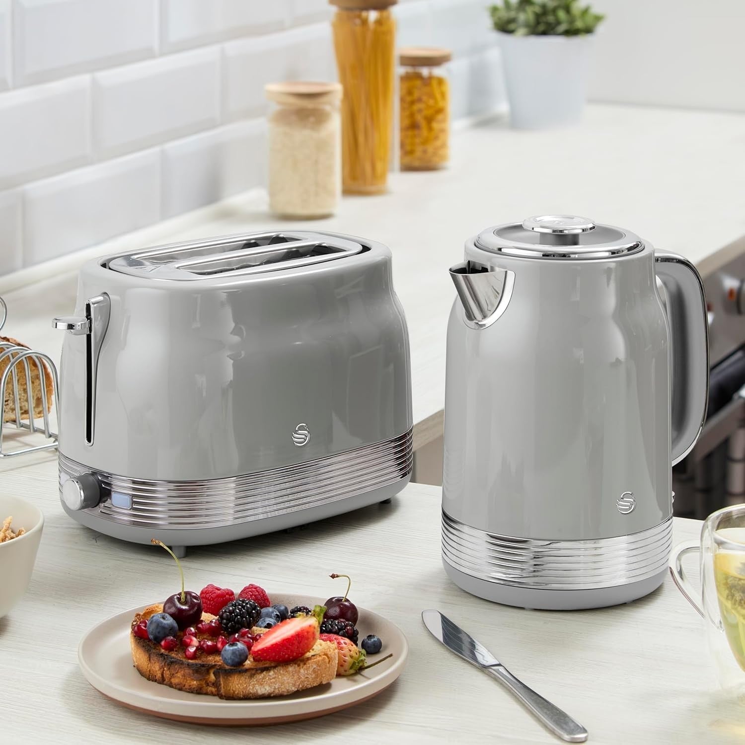 Swan Retro Revive Grey Jug Kettle 2 Slice Toaster Canisters Matching Kitchen Set4