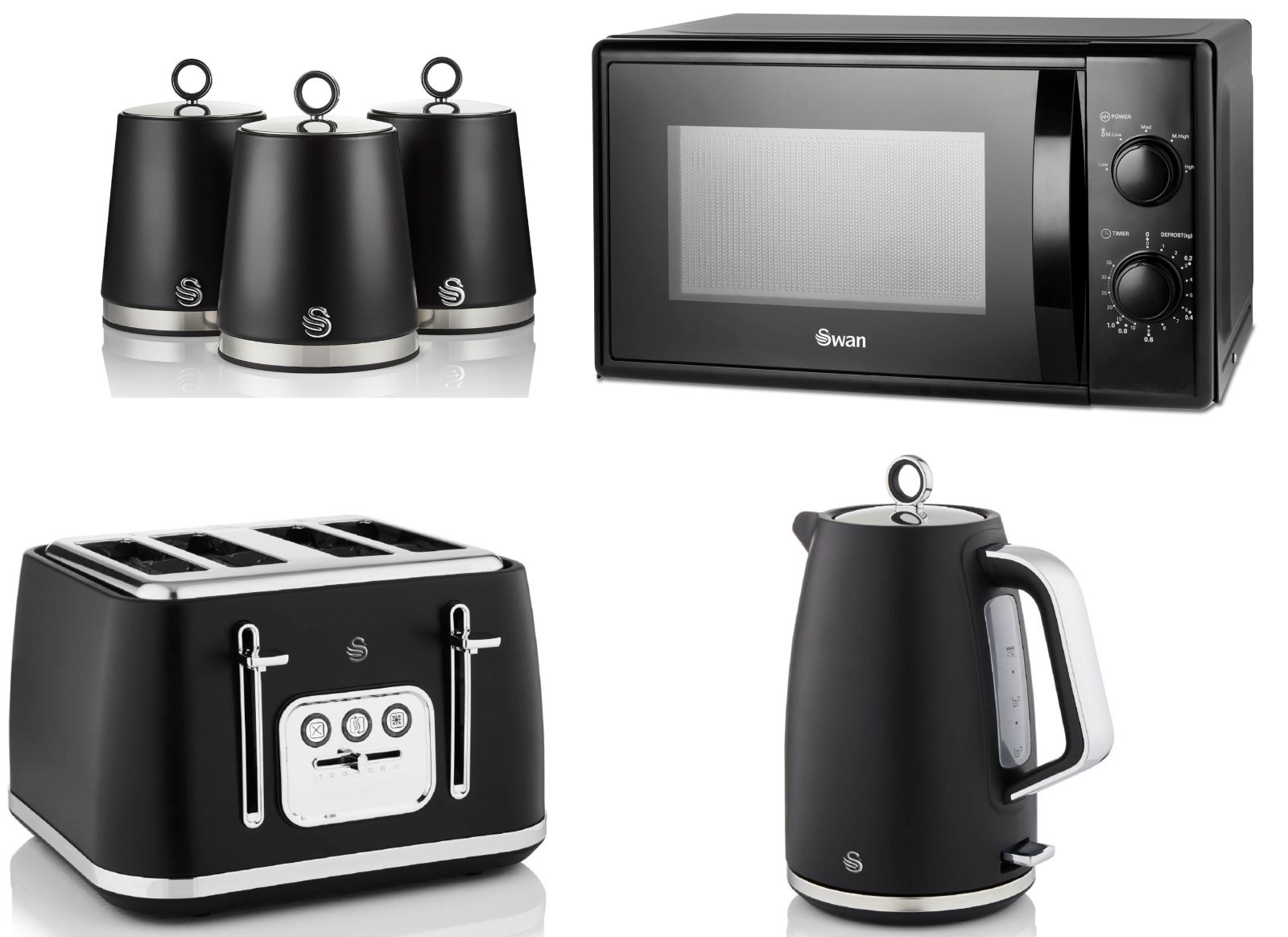 Swan Serenity Black 1.7L 3KW Kettle, 4 Slice Toaster, Canisters and 20L 700W Microwave SM4420BLK. Striking Design Matching Swan Kitchen Set of 6