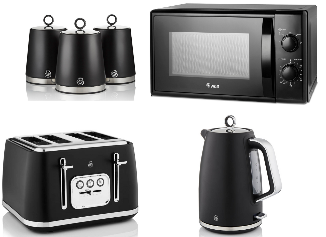 Swan Serenity Black 1.7L 3KW Kettle, 4 Slice Toaster, Canisters and 20L 700W Microwave SM4420BLK. Beautiful Design Matching Swan Kitchen Set of 6