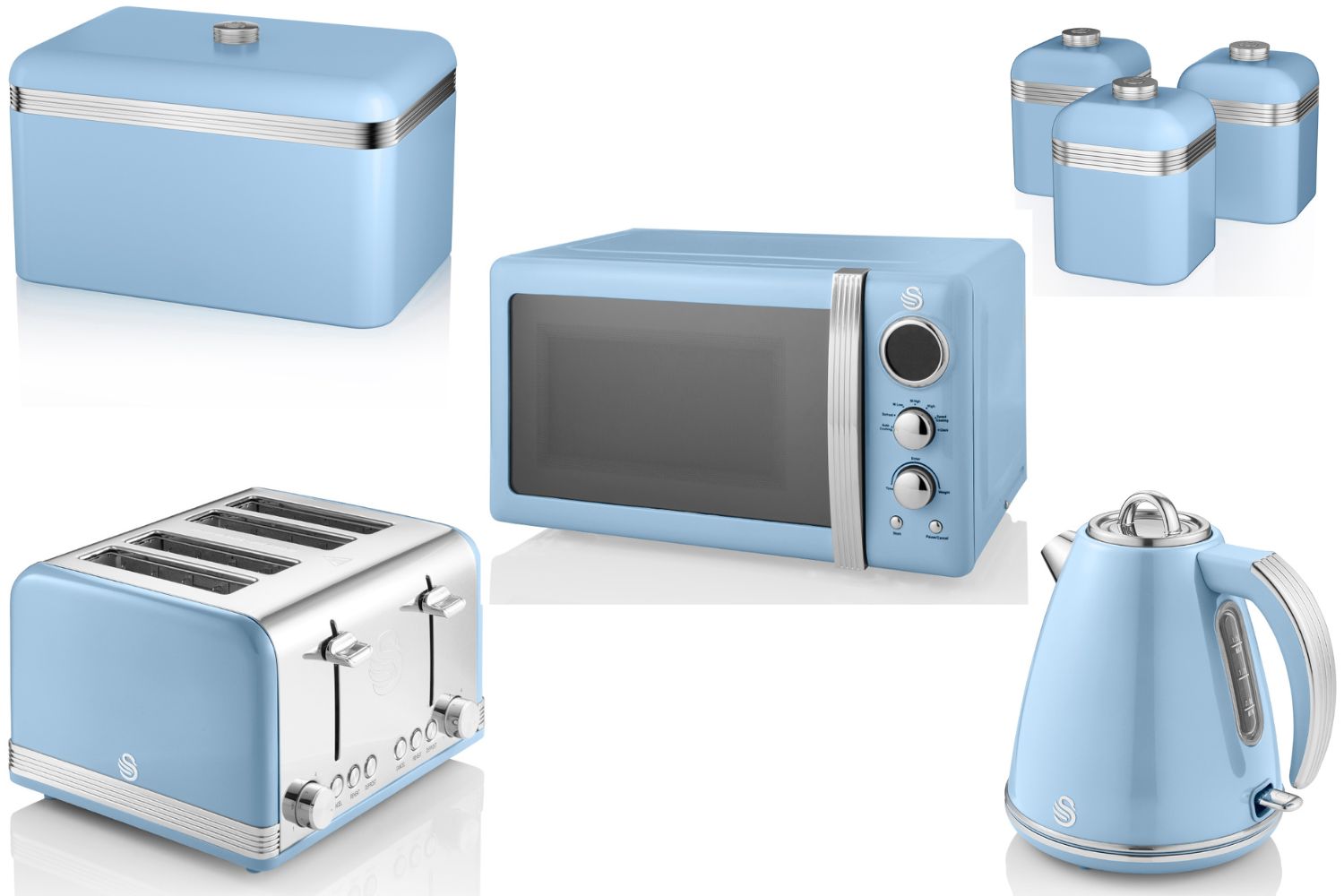 Swan Retro Blue Set of 7 including 1.5L 3KW Jug Kettle, 4 Slice Toaster, 800W 20L Digital Microwave, Bread Bin & Canisters
