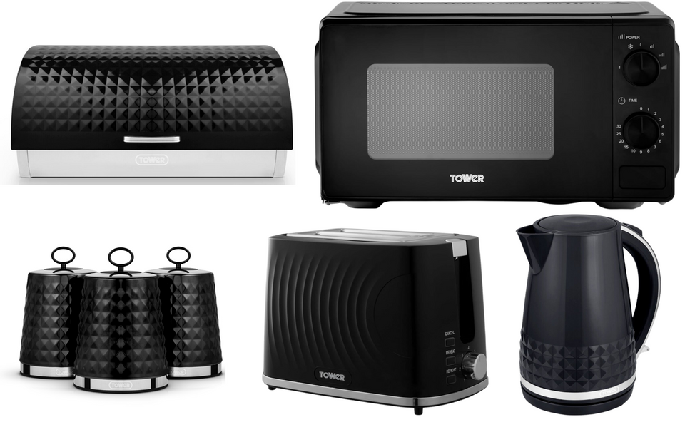Tower Solitaire Black Kettle Toaster Microwave & Kitchen Storage Set