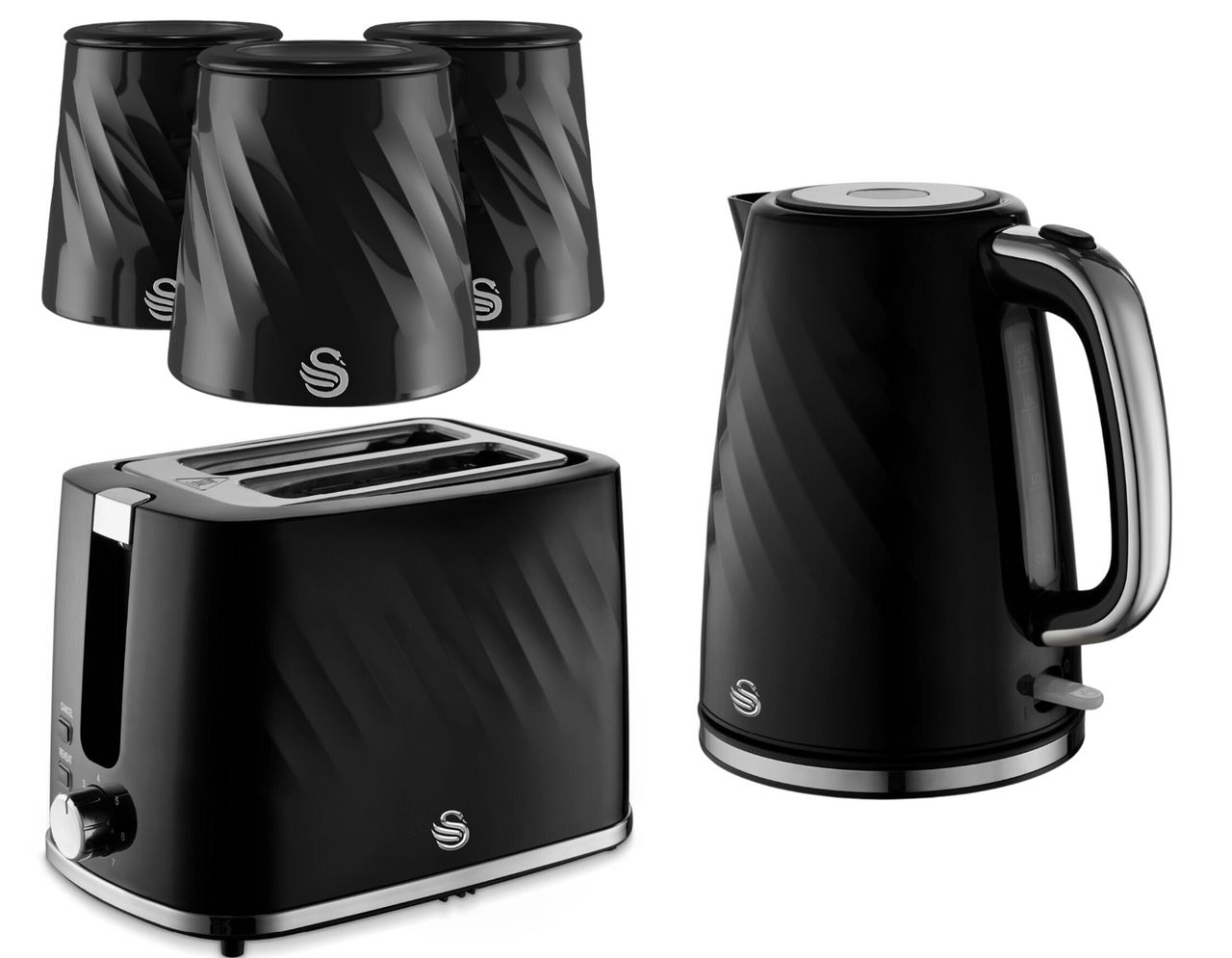 Swan Windsor Black Kettle Toaster Canisters Matching Kitchen Bundle Set0
