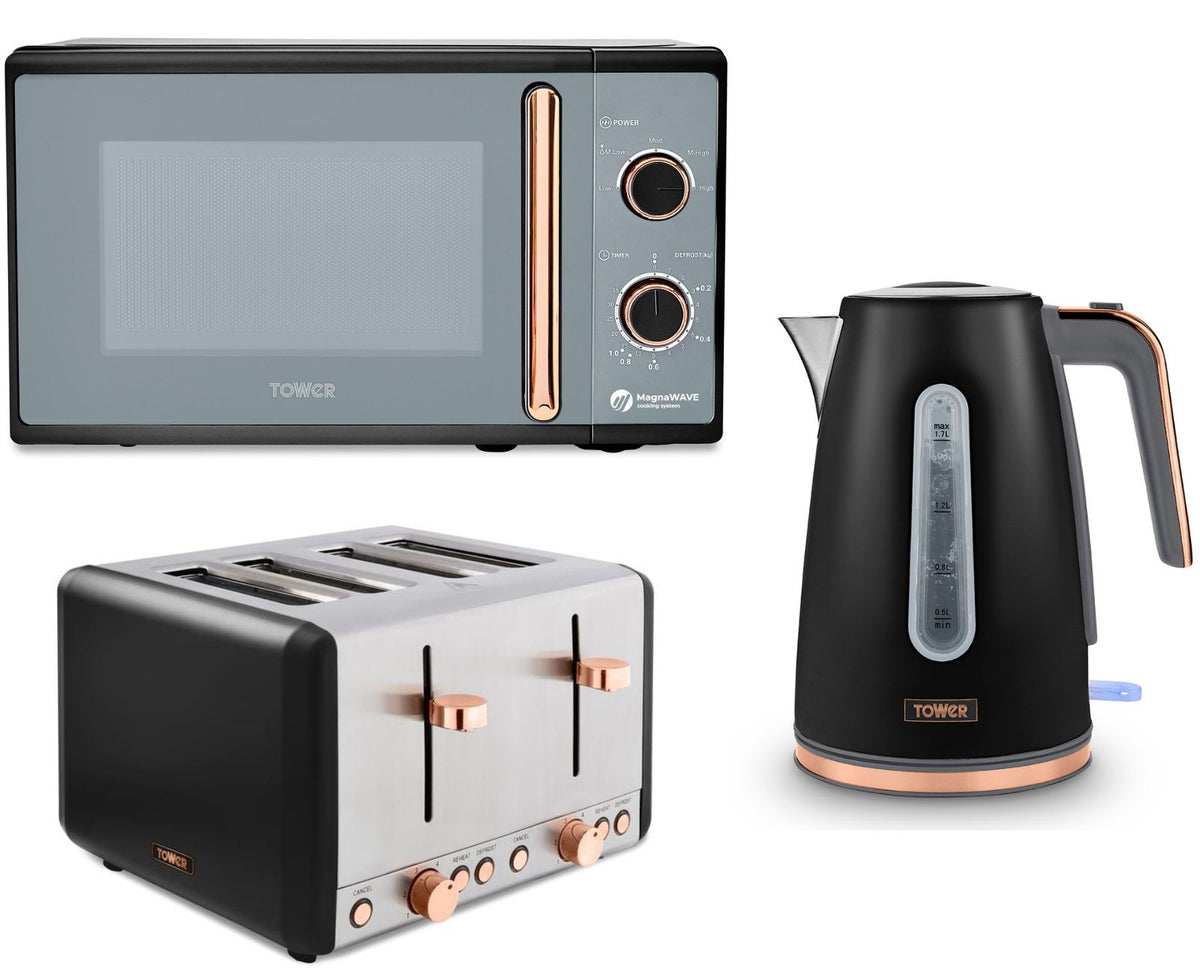 Tower Cavaletto Black/Rose Gold Jug Kettle 4 Slice Toaster Microwave Kitchen Set