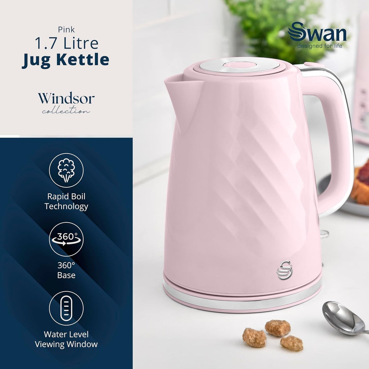 Swan Windsor Pink 1.7L 3kW Rapid Boil Kettle Cordless SK14611PNK Chrome Accents6