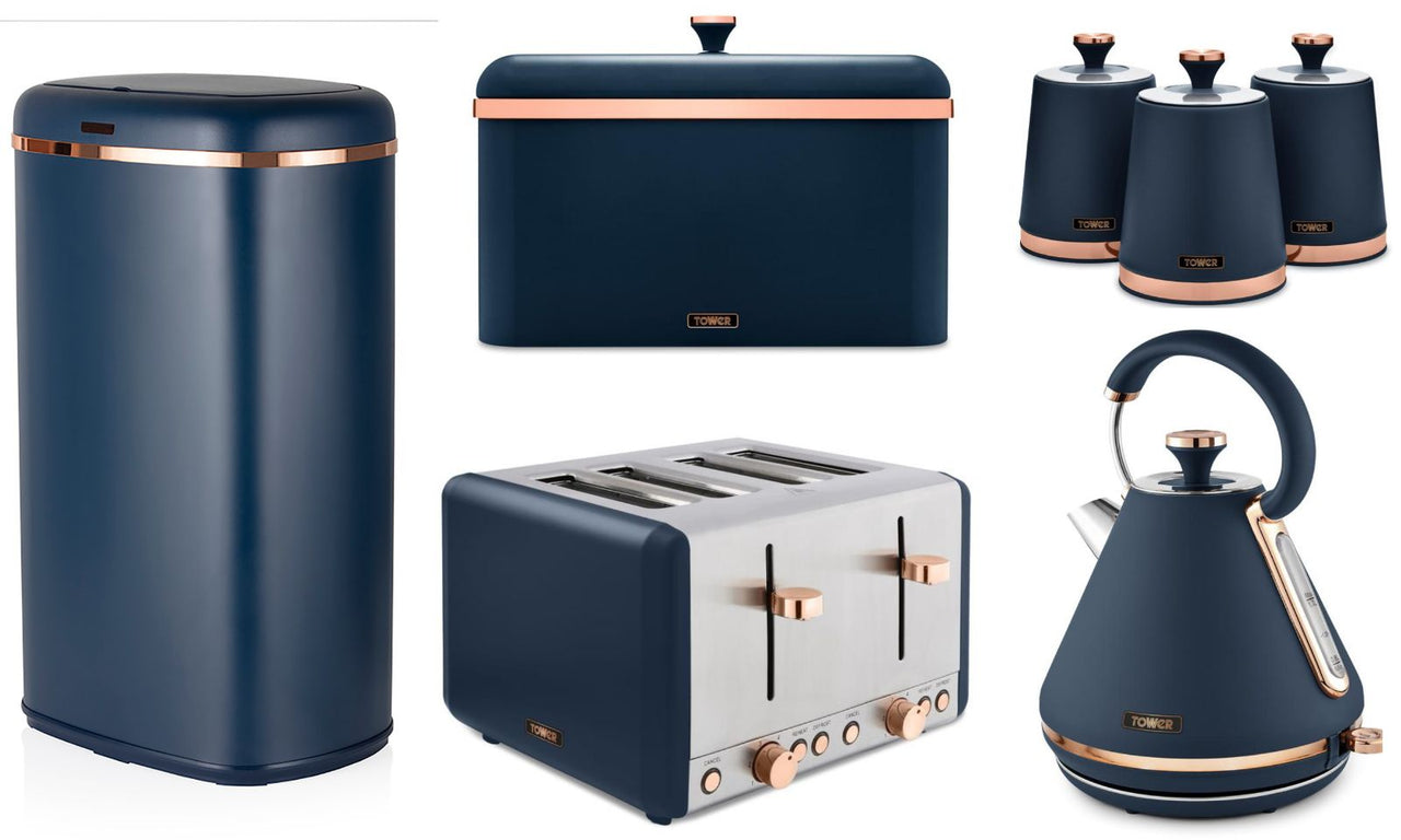Tower Cavaletto 1.7L 3KW Pyramid Kettle, 4 Slice Toaster, Bread Bin, Canisters & 58L Sensor Bin Matching Set in Midnight Blue & Rose Gold 58L Sensor Bin