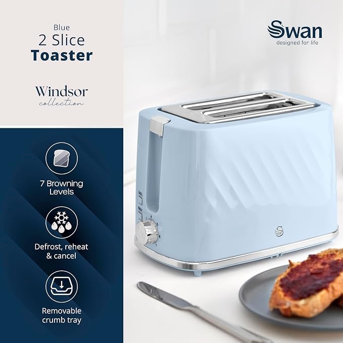 Swan Windsor Blue 1.7L Kettle & 2 Slice Toaster Set with Chrome Accents2