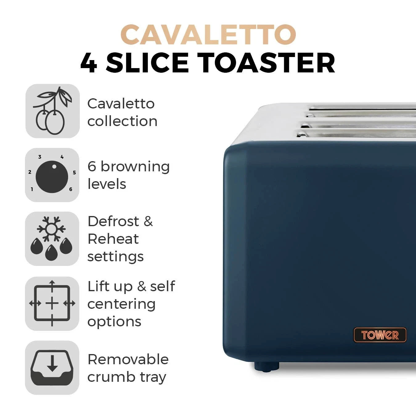 Tower Cavaletto Kettle & 4 Slice Toaster Set Midnight Blue Rose Gold4