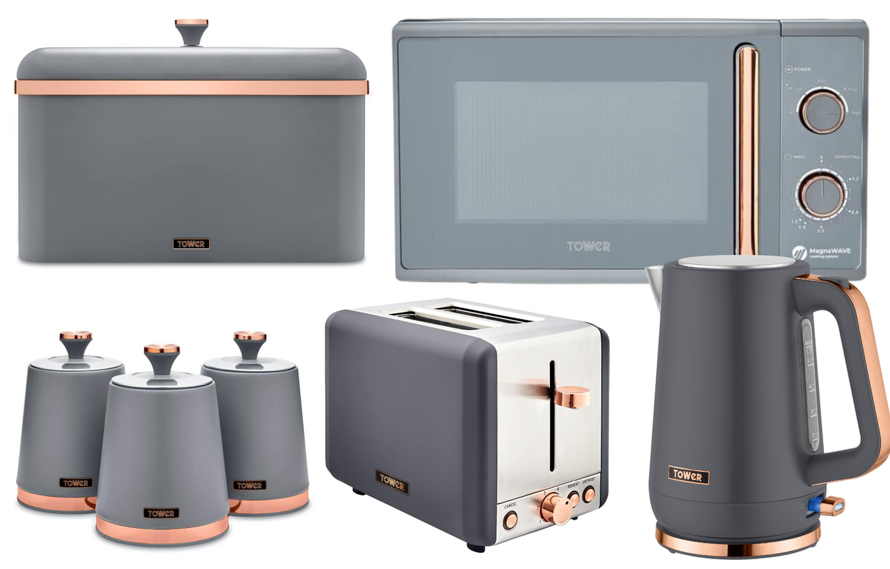 Tower Cavaletto Grey Jug Kettle 2 Slice Toaster Microwave Breadbin Canisters0