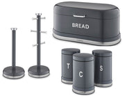 Tower Belle Bread Bin, Canisters, Mug Tree & Towel Pole Kitchen Set of 5 in Graphite Grey