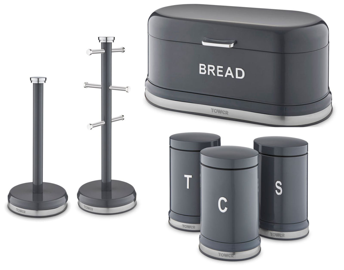 Tower Belle Bread Bin, Canisters, Mug Tree & Towel Pole Kitchen Set of 5 in Graphite Grey