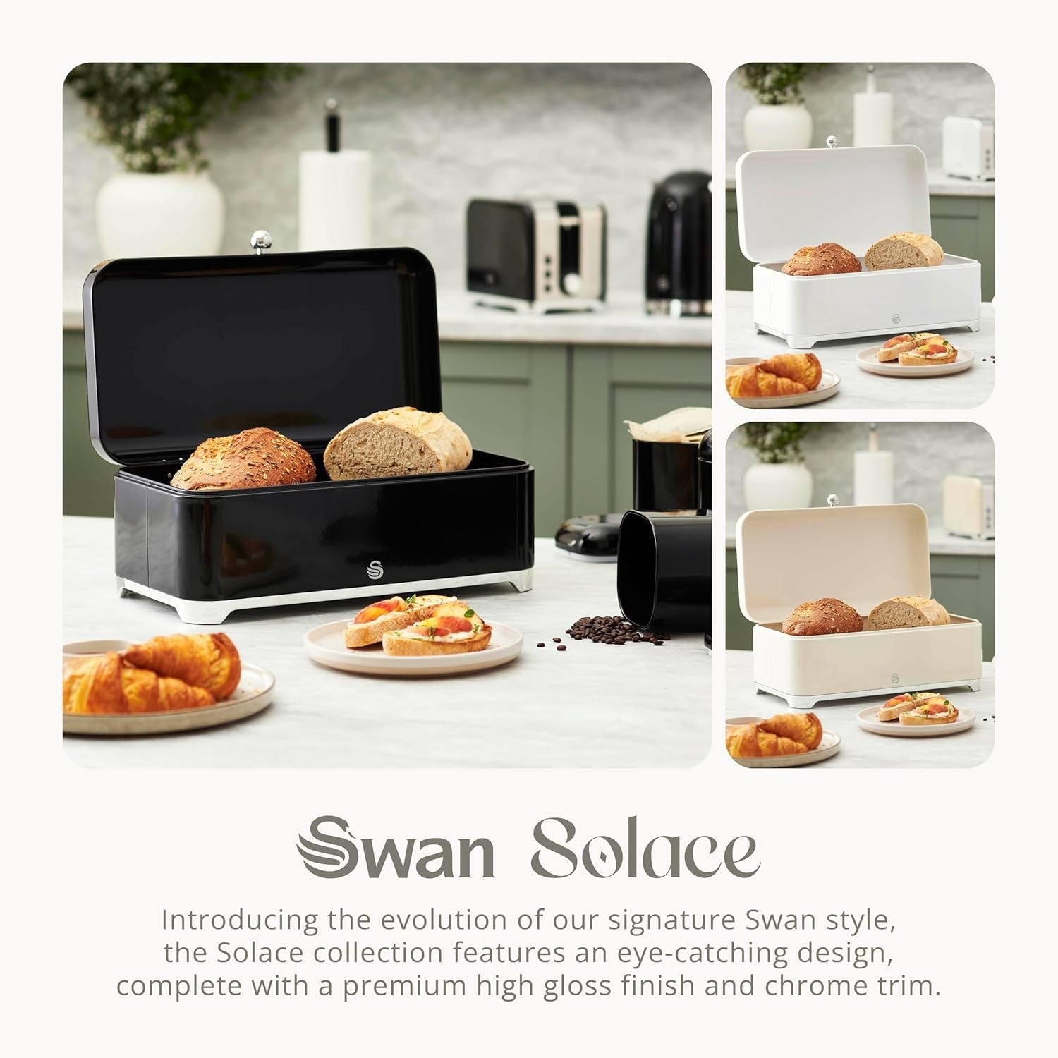 Swan Solace Black Breadbin Canisters Kitchen Roll Holder Storage Set Chrome Trim12