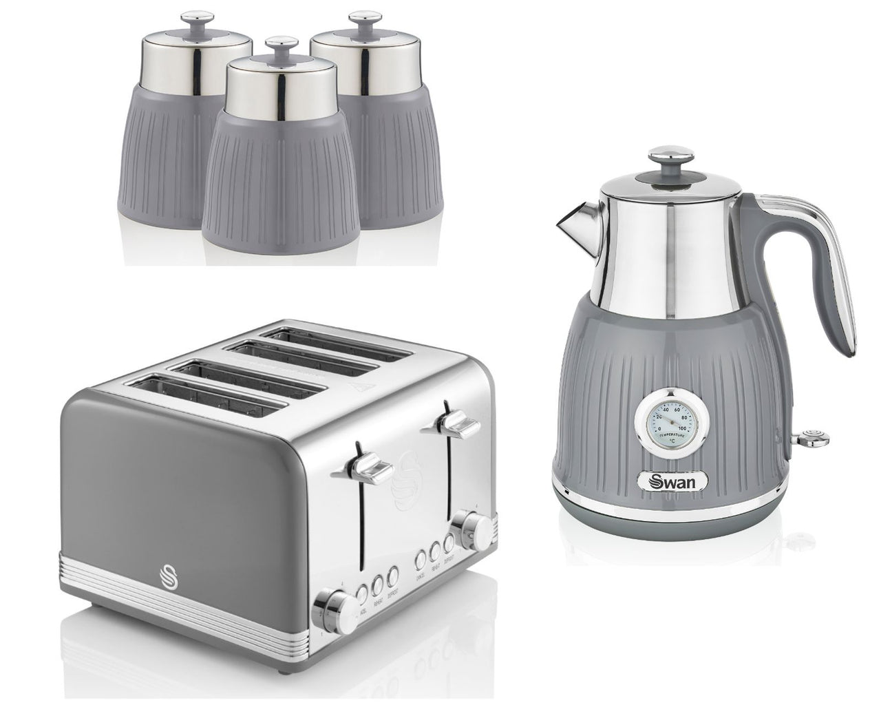 SWAN Retro Grey Jug Dial Kettle 4 Slice Toaster & Tea Coffee Sugar Canisters Set