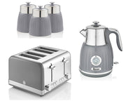 SWAN Retro Grey Jug Dial Kettle 4 Slice Toaster & Tea Coffee Sugar Canisters Set