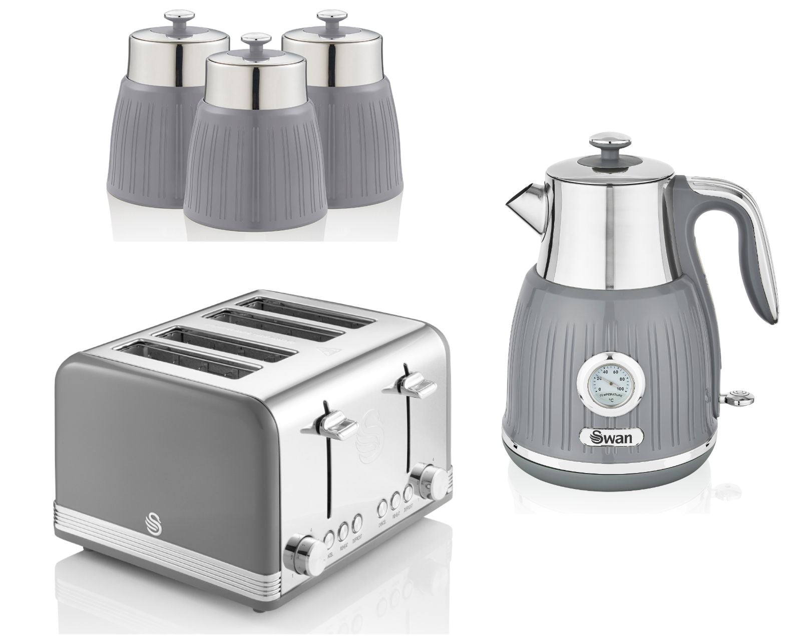 SWAN Retro Grey Jug Dial Kettle 4 Slice Toaster & Tea Coffee Sugar Canisters Set