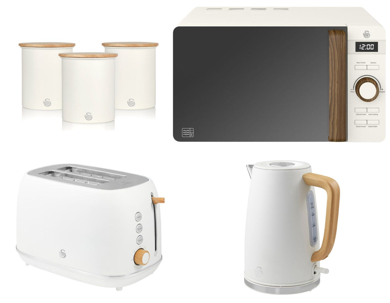 Swan Fjord White Jug Kettle Toaster plus Nordic Microwave Canisters Kitchen Set0
