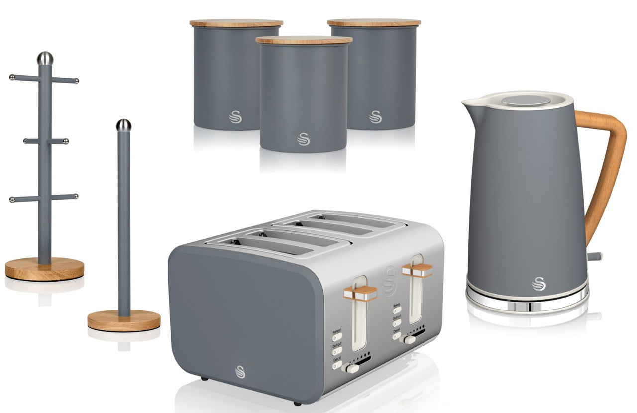Swan Nordic Grey Kettle 4 Slice Toaster Canisters Mug Tree Towel Pole Set of 7