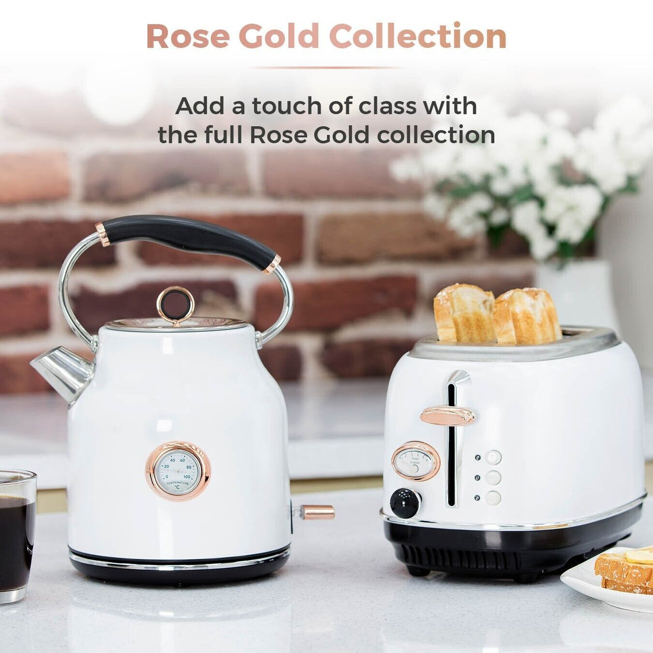 Tower Bottega 1.7L 3KW Traditional Kettle, 2 Slice Toaster, T24034WHT 700W 20L Microwave, Bread Bin, Canisters, Mug Tree, Towel Pole Matching Set in White & Rose Gold