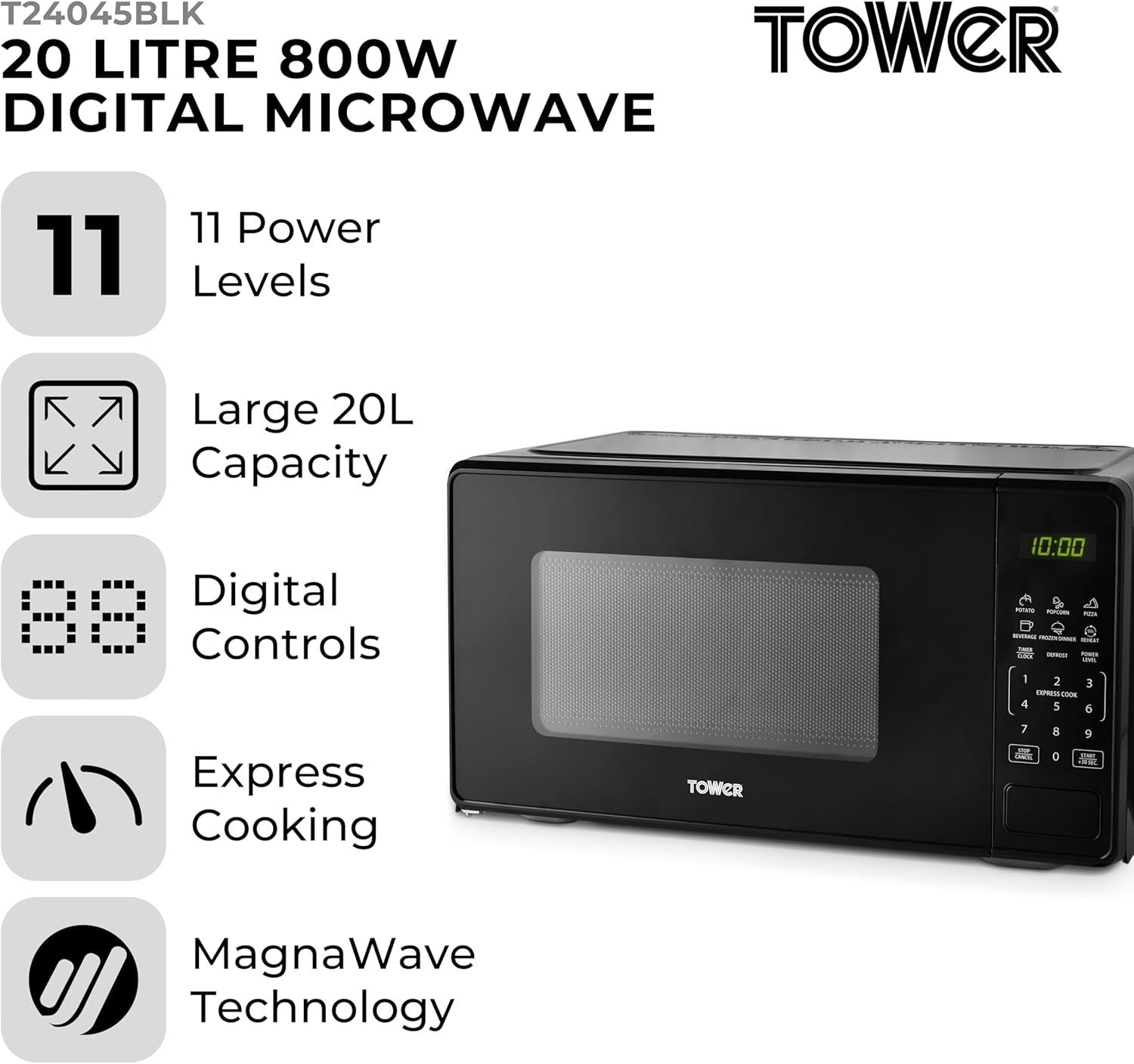 Tower Solitaire Black Kettle 2 Slice Toaster & Microwave T24045BLK Matching Set10