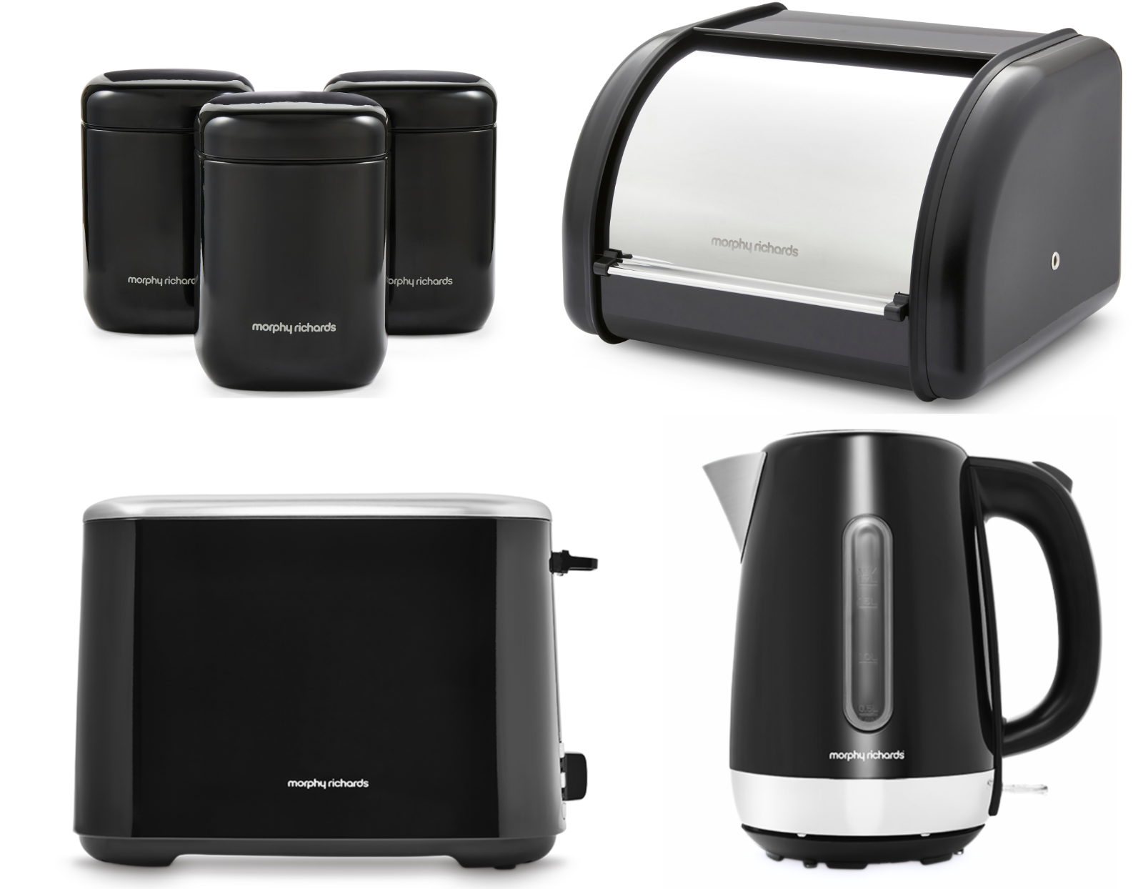 Morphy Richards Equip Black Kettle Toaster Breadbin & Canisters Kitchen Bundle0
