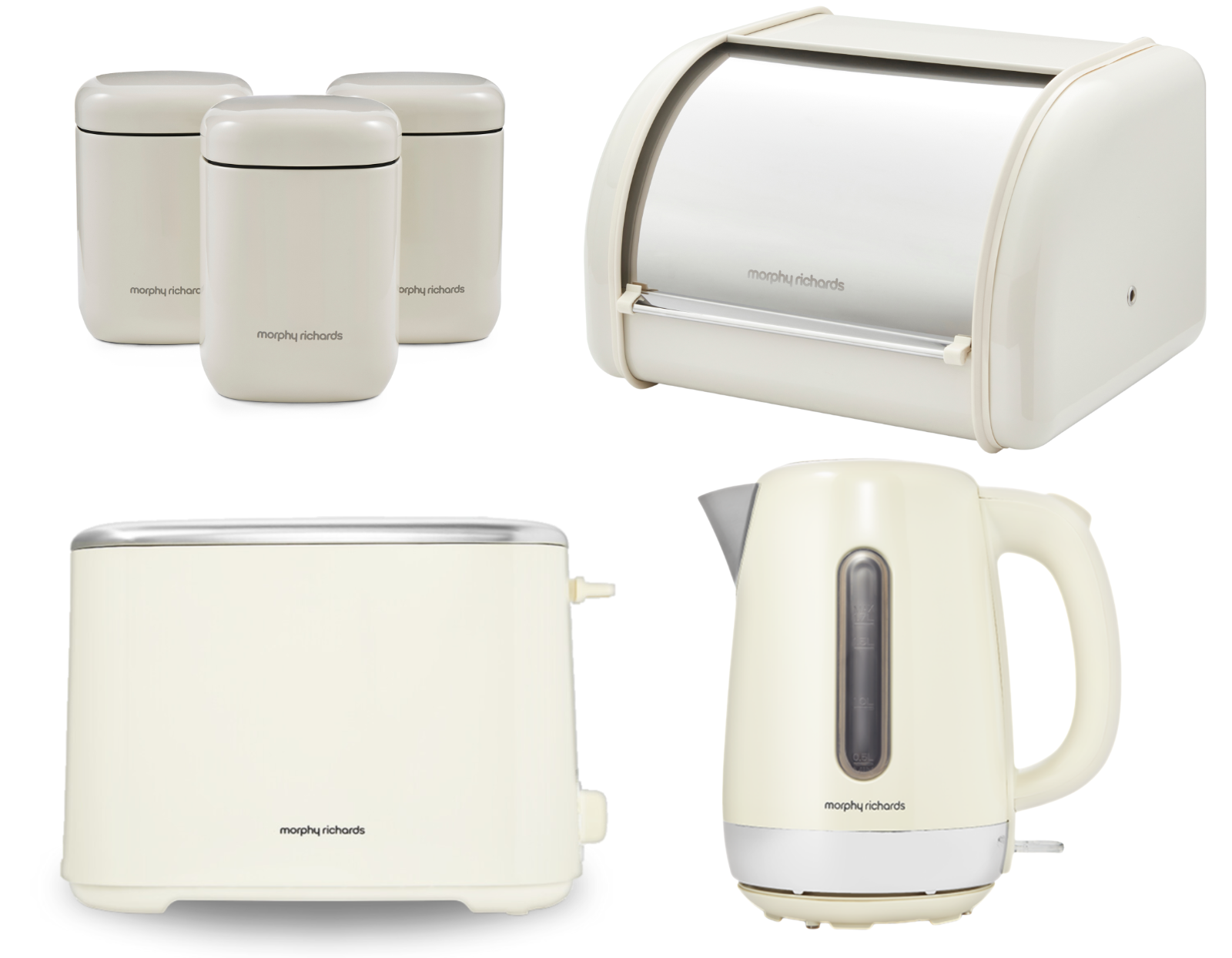 Morphy Richards Equip Cream Kettle Toaster Breadbin & Canisters Kitchen Bundle0