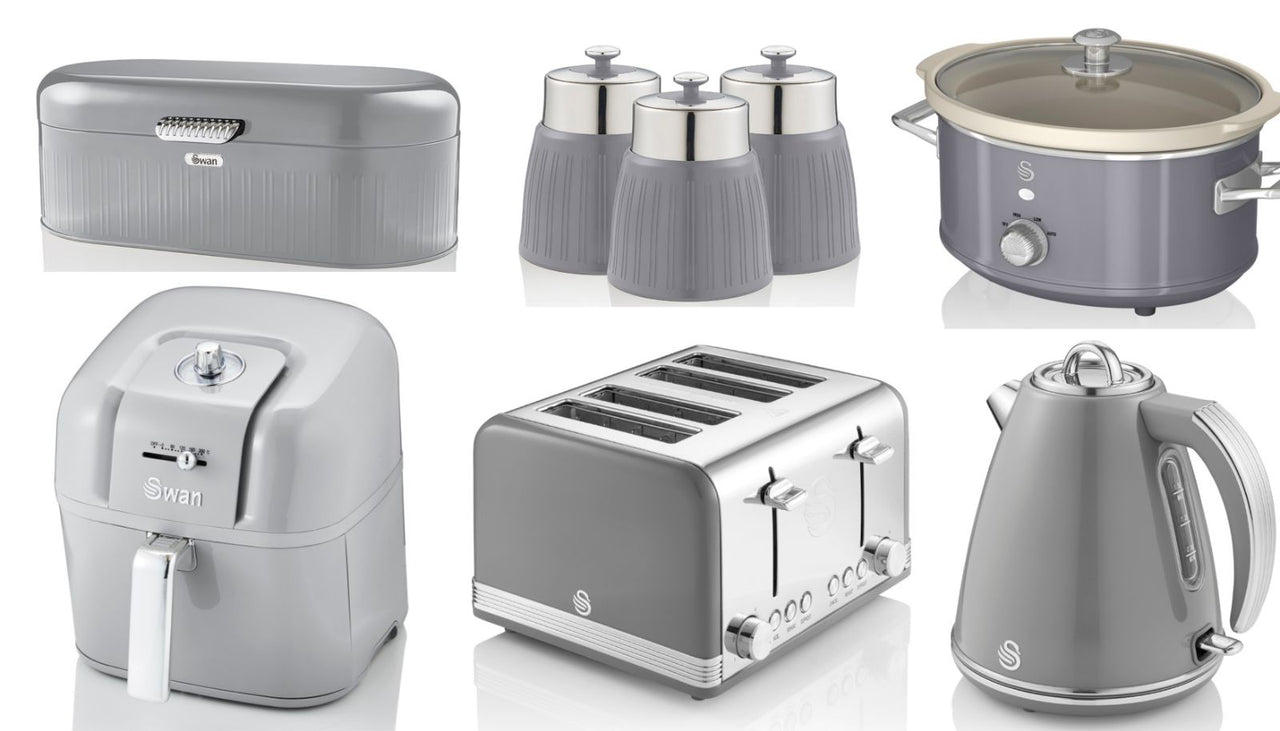 SWAN Retro Grey Kettle Toaster 6.5L Air Fryer 3.5L Slow Cooker & Kitchen Storage