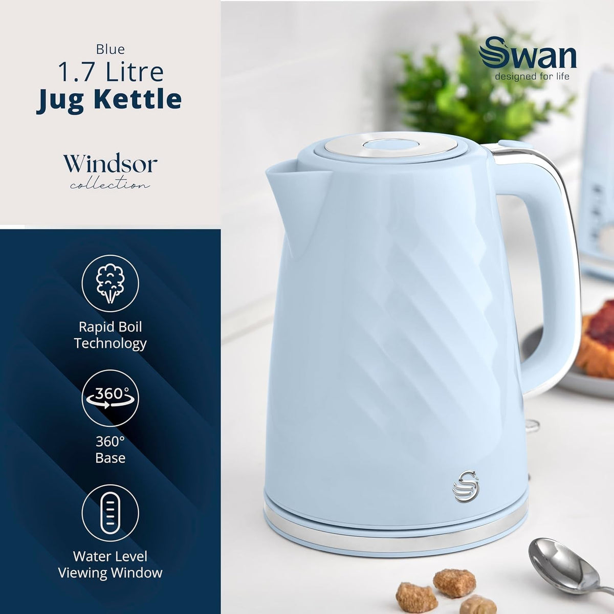 Swan Windsor Blue 1.7L 3kW Rapid Boil Kettle Cordless SK14611BLU Chrome Accents2