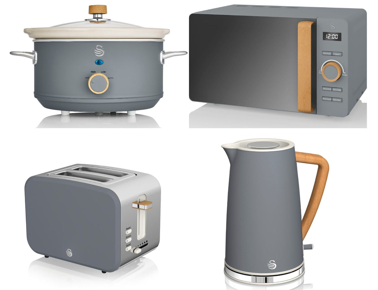 Swan Nordic Grey Kettle 2 Slice Toaster Microwave 3.5L Slow Cooker Matching Set
