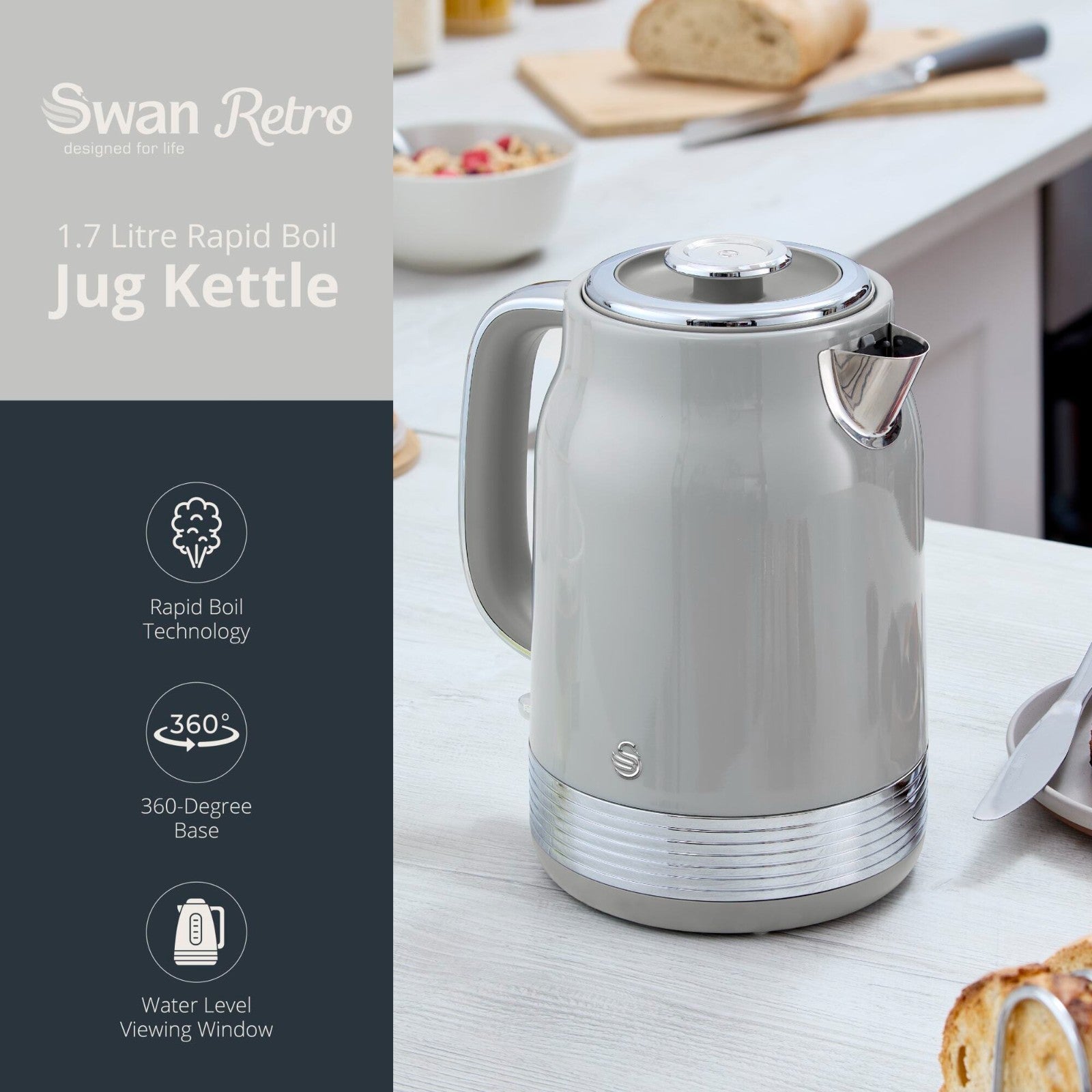 Swan Retro Revive Grey Jug  Kettle 2 Slice Toaster Digital Microwave Kitchen Set1