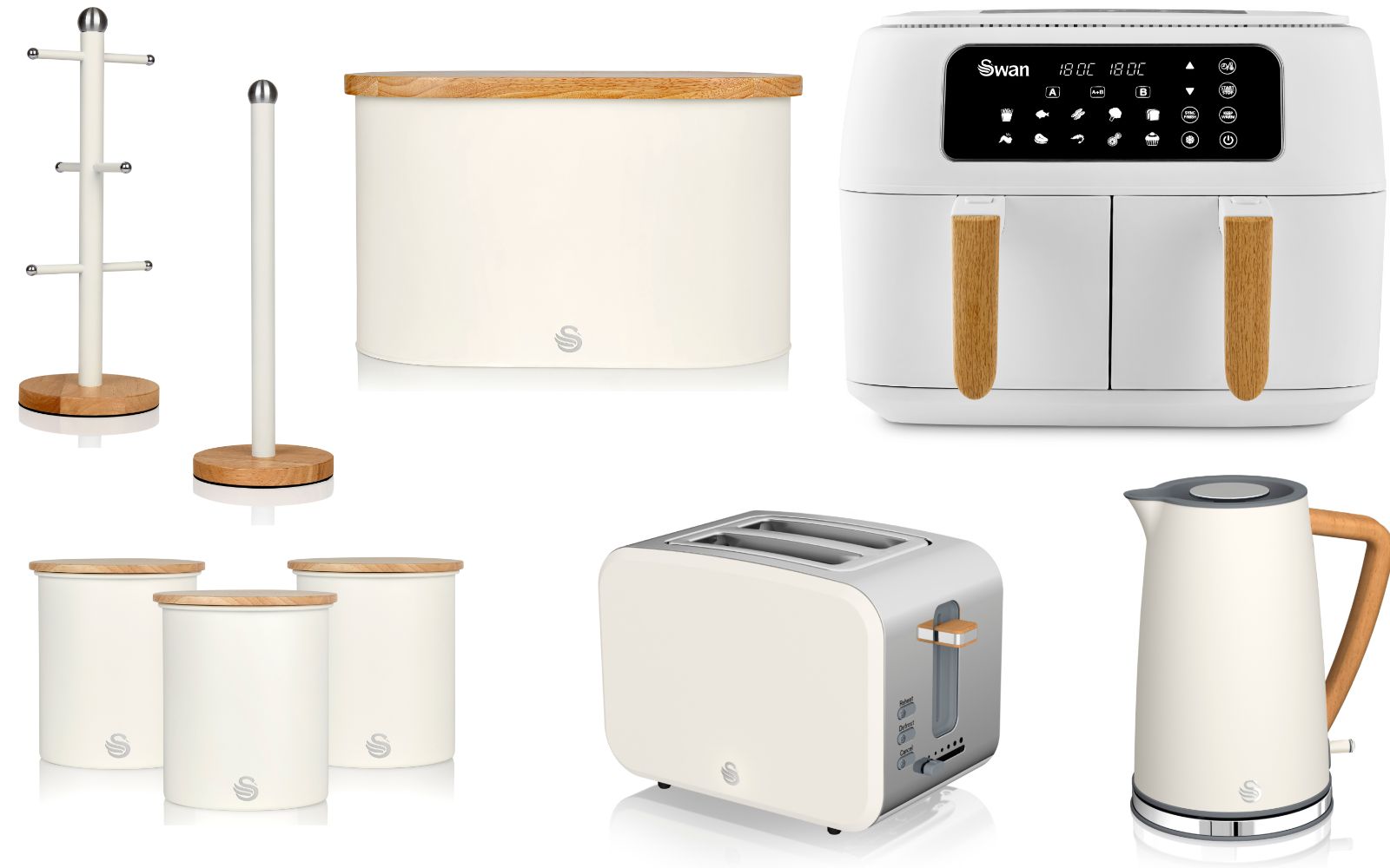 Swan Nordic White 1.7L Jug Kettle, 2 Slice Toaster, 8L Dual Basket Air Fryer, Bread Bin, Canisters, Mug Tree & Towel Pole Matching Set