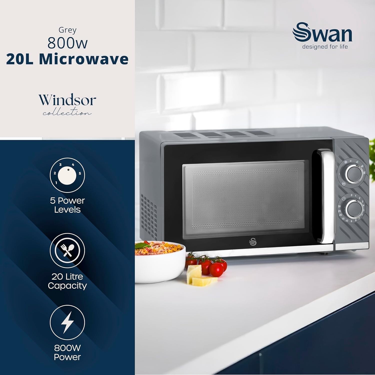 Swan Windsor Grey Kettle Toaster Microwave Set Textured Finish Chrome Accents2