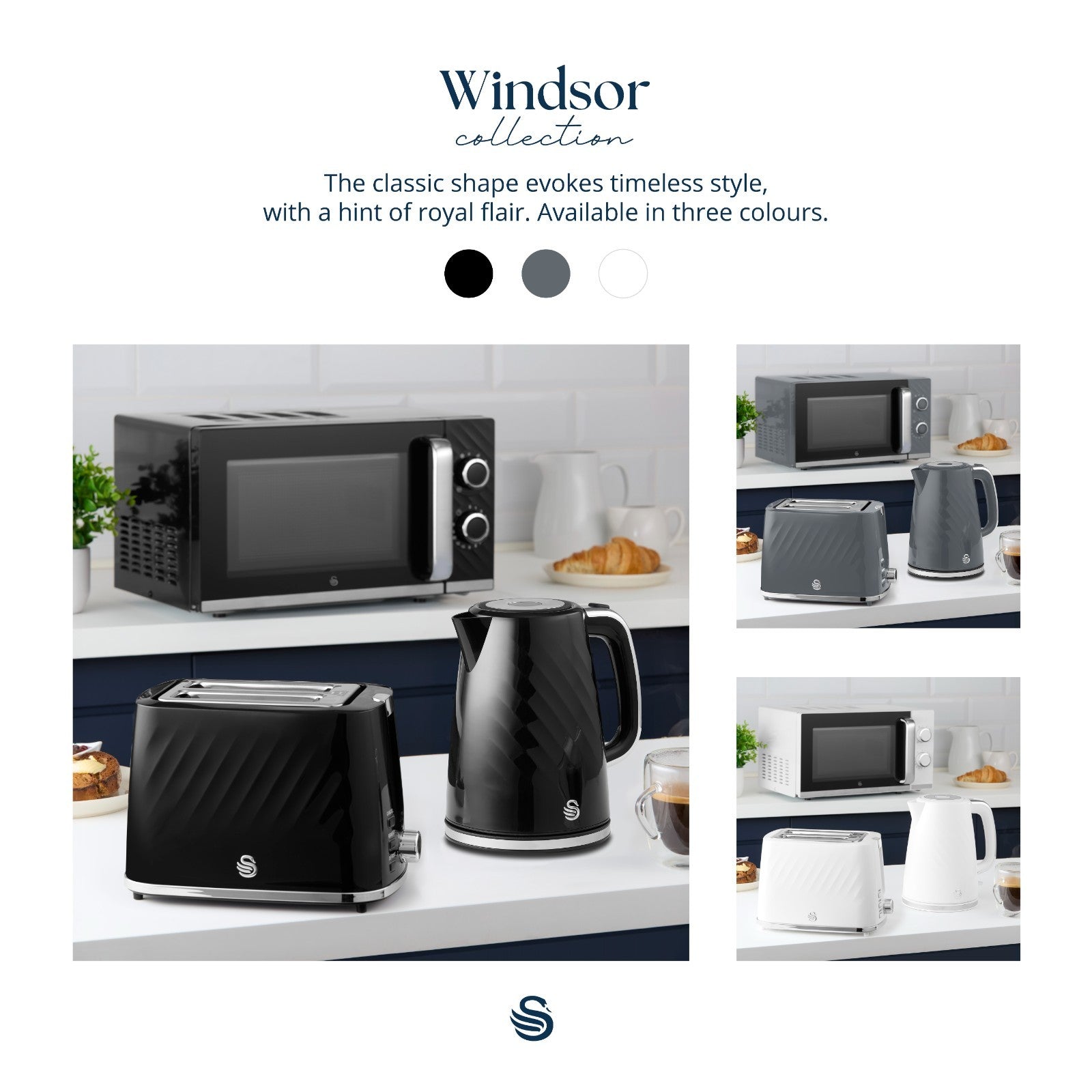 Swan Windsor Black Kettle Toaster Microwave Canisters Matching Kitchen Bundle4