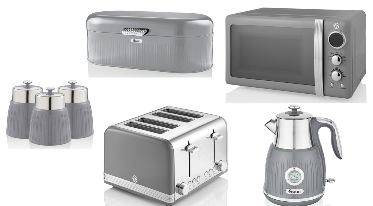 SWAN Retro Grey Dial Kettle Toaster Microwave Bread Bin & Canisters Kitchen Set