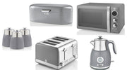 SWAN Retro Grey Dial Kettle Toaster Microwave Bread Bin & Canisters Kitchen Set