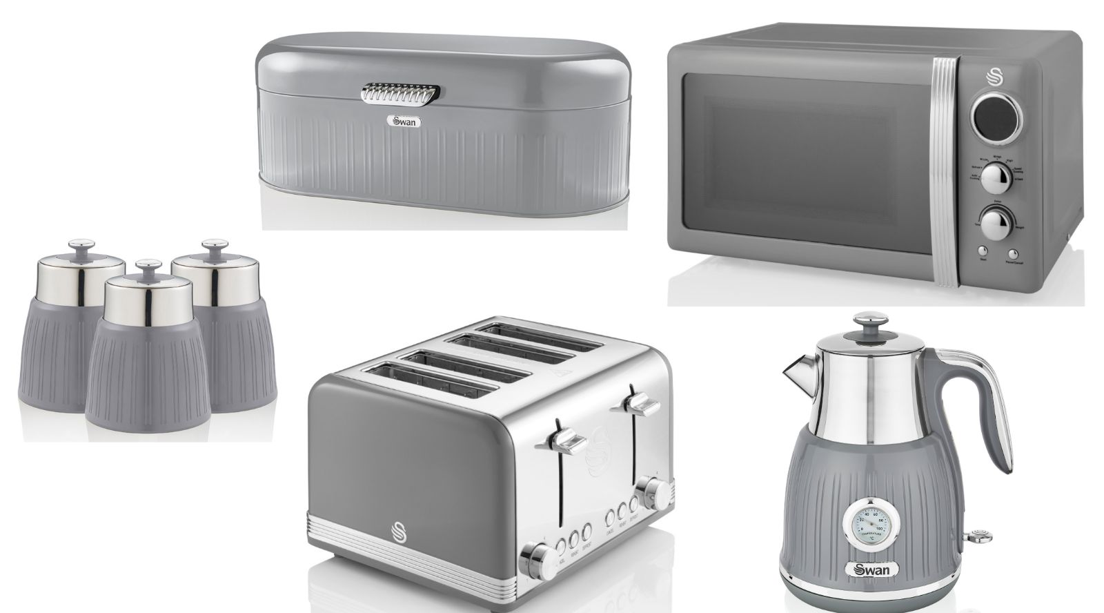 SWAN Retro Grey Dial Kettle Toaster Microwave Bread Bin & Canisters Kitchen Set