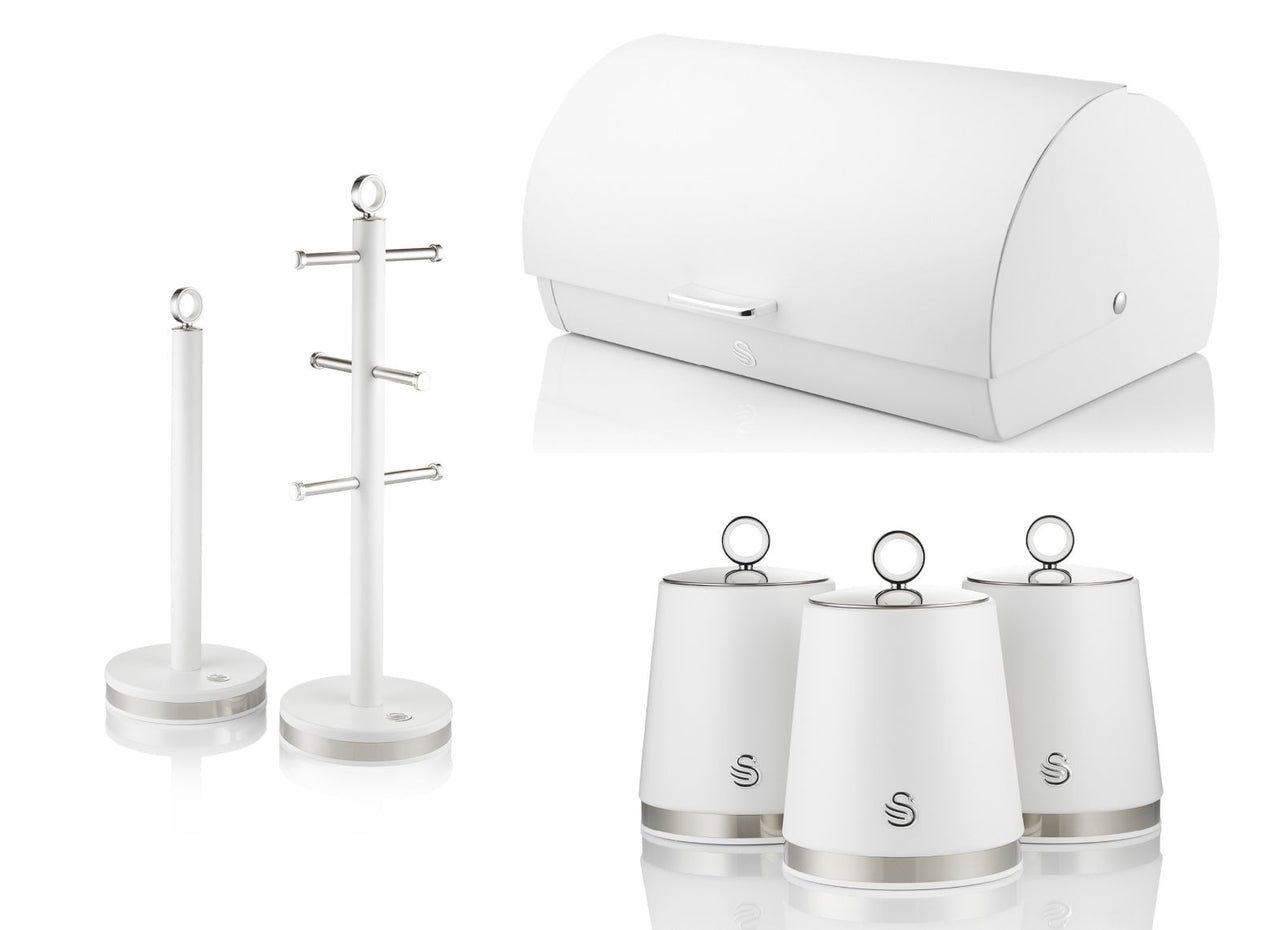Swan Serenity Bread Bin, Tea, Coffee, Sugar Canisters, Mug Tree & Towel Pole Kitchen Storage Set in White with Polished Stainless Steel Accents