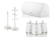 Swan Serenity Bread Bin, Tea, Coffee, Sugar Canisters, Mug Tree & Towel Pole Kitchen Storage Set in White with Polished Stainless Steel Accents