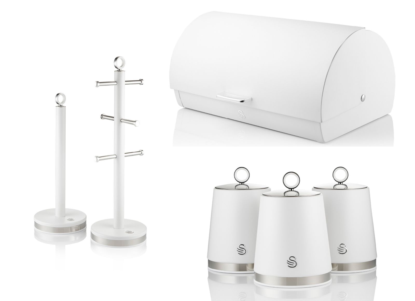 Swan Serenity Bread Bin, Tea, Coffee, Sugar Canisters, Mug Tree & Towel Pole Kitchen Storage Set in White with Polished Stainless Steel Accents