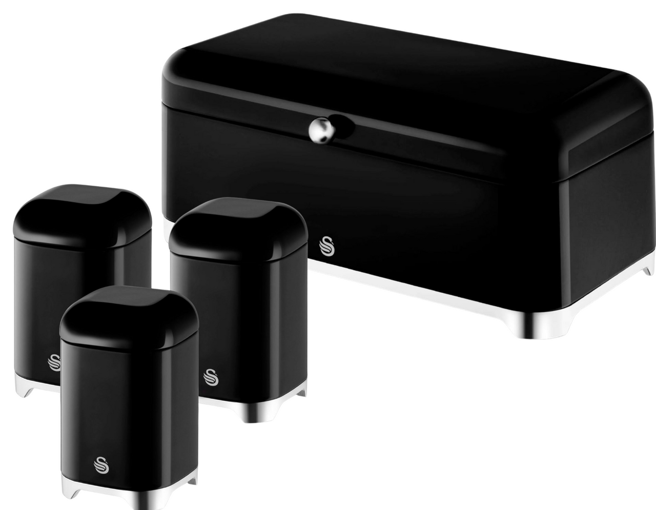 Swan Solace Black Breadbin & 3 Canisters Kitchen Storage Set Chrome Trim0