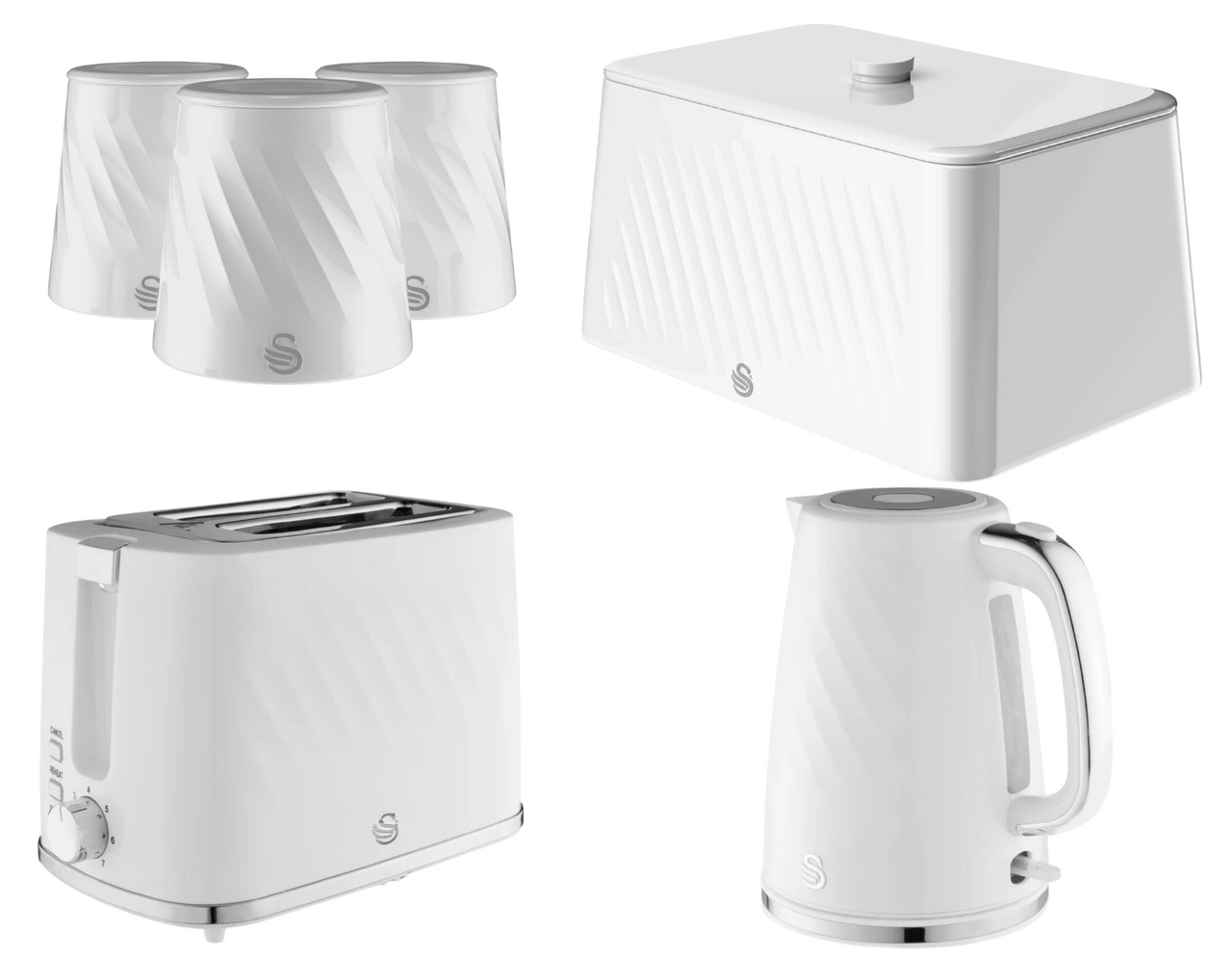 Swan Windsor White Kettle Toaster Breadbin Canisters Matching Kitchen Bundle Set0