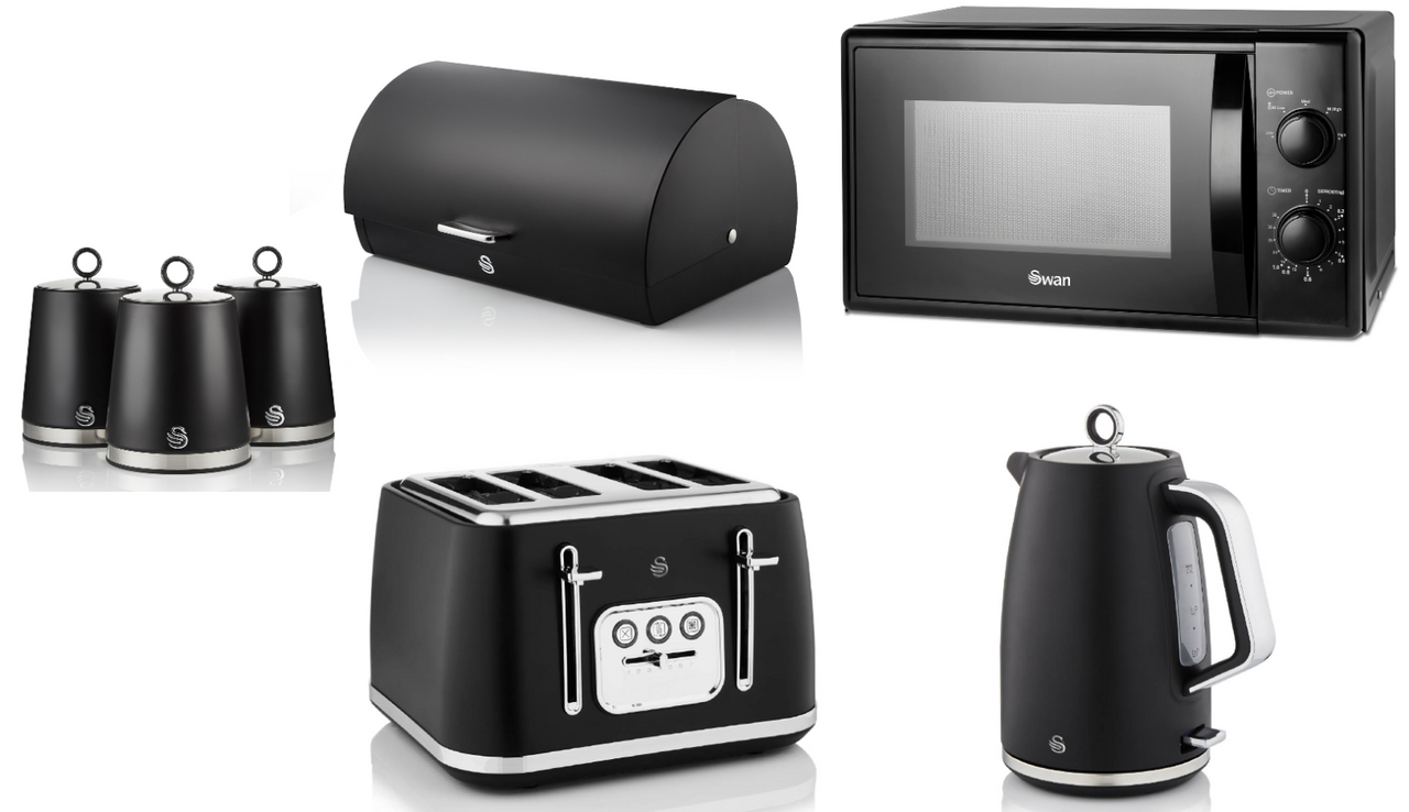 Swan Serenity Black 1.7L 3KW Kettle, 4 Slice Toaster, Bread Bin, Canisters and 20L 700W Microwave SM4420BLK Matching Kitchen Set